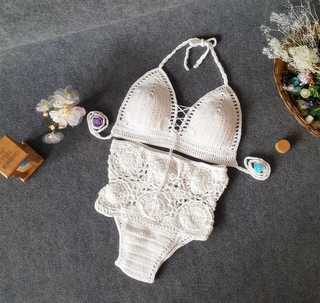 High waisted swimsuit with crochet hook flower design in white, gray, and brown