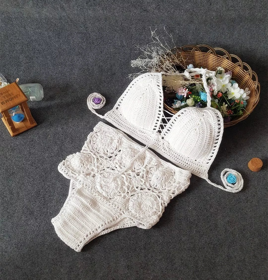 High waisted swimsuit with crochet hook flower design in white, gray, and brown