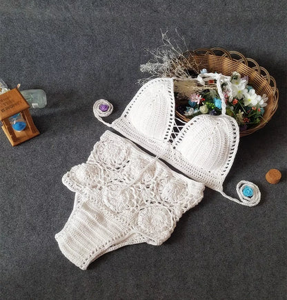 High waisted swimsuit with crochet hook flower design in white, gray, and brown