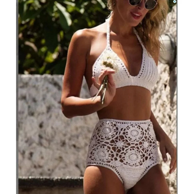 High waisted swimsuit with crochet hook flower design in white, gray, and brown