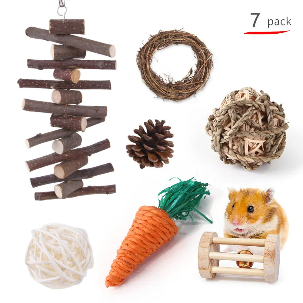 Assortment of wooden and natural fibre chew toys for small pets including balls, rings and woven shapes.
