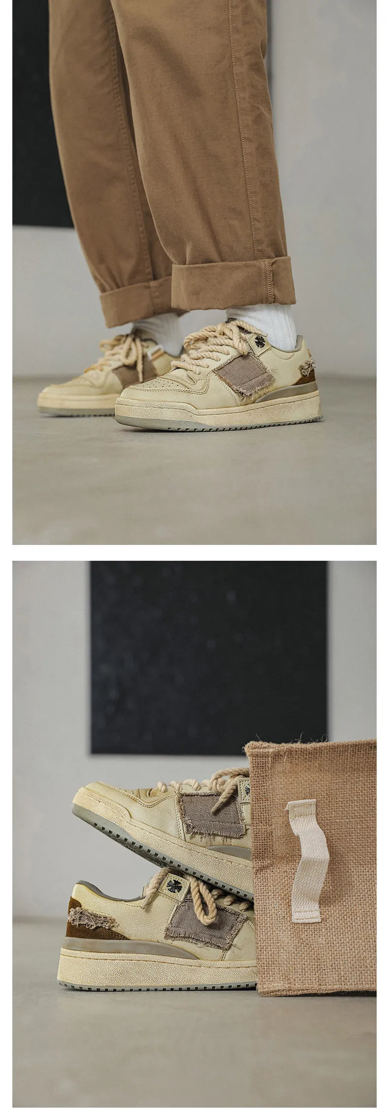Beige low-top vintage-style skate shoes on a white background, showing round toe and lace-up front.