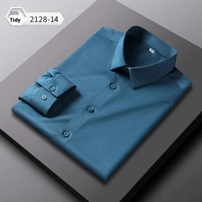 Elastic silk men's long-sleeved non-ironing shirt in solid colour with loose fit sizing