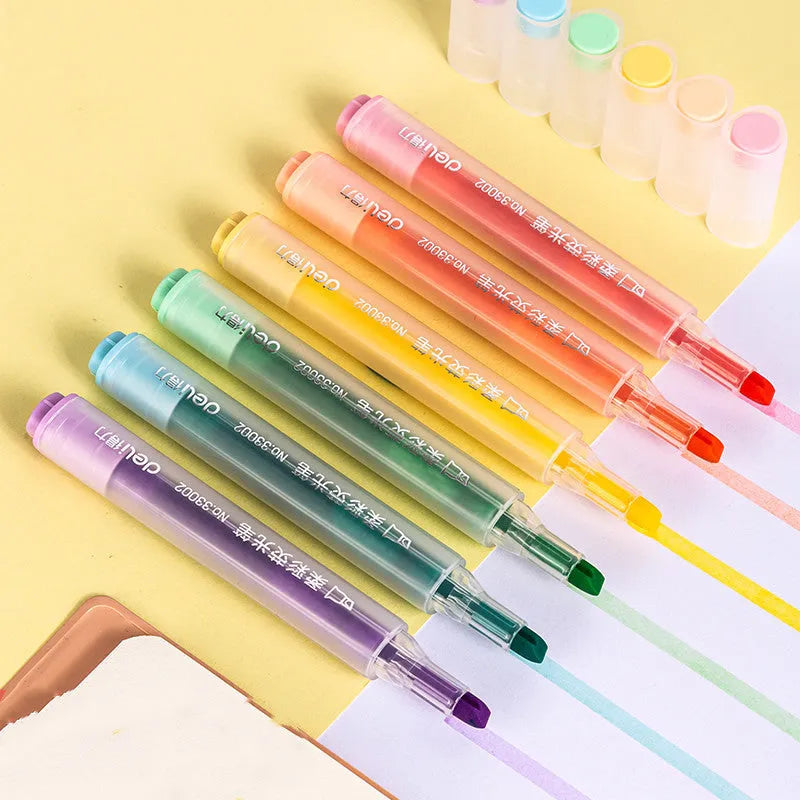 Deli S605 oblique nib highlighter pen set in macaron pastel colours with solid and transparent penholders