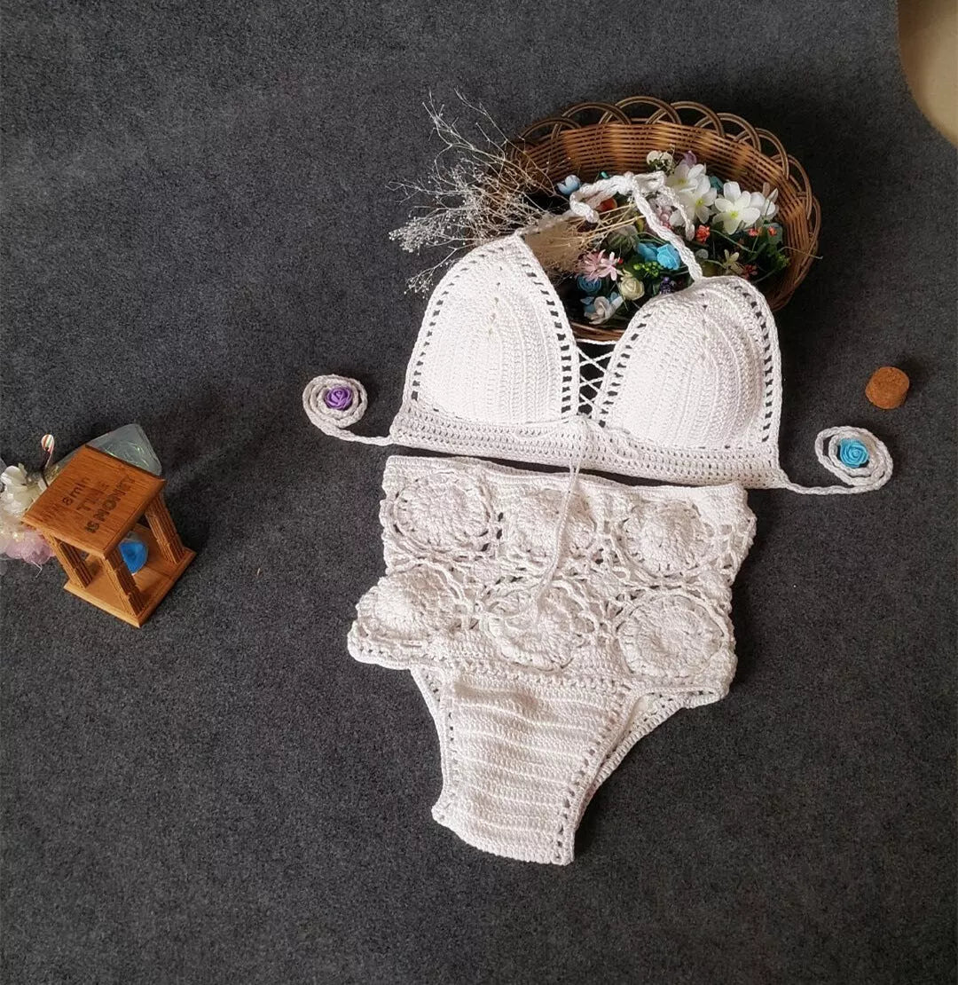 High waisted swimsuit with crochet hook flower design in white, gray, and brown