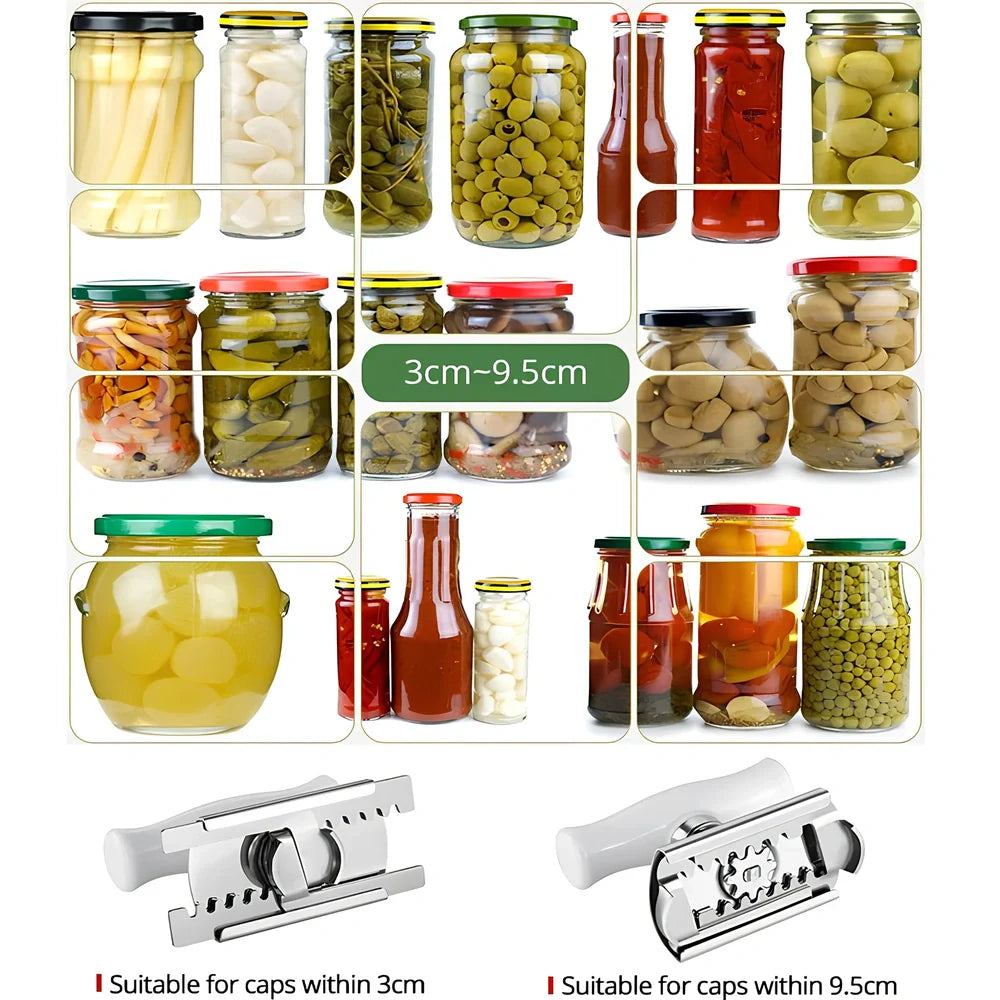 Adjustable stainless steel jar opener with ABS plastic handle, showing steel teeth and collapse feature