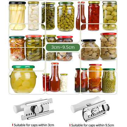 Adjustable stainless steel jar opener with ABS plastic handle, showing steel teeth and collapse feature