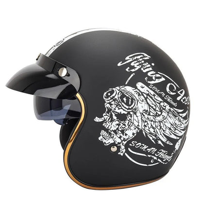 Retro-style motorcycle half helmet in ABS construction showing colour options and size range from S to XXL