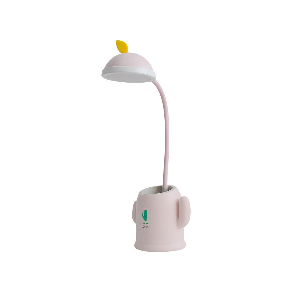 Cactus-shaped table lamp with pen holder and USB cable, available in green, pink, and grey