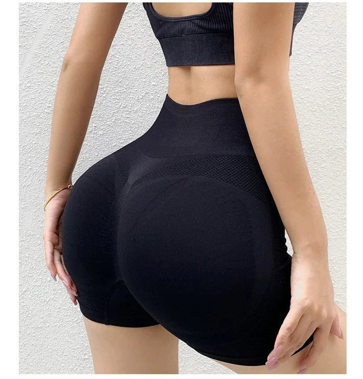 Butt-lifting seamless yoga shorts for women in various colors, including red, yellow, green, black, gray, royal blue, and khaki