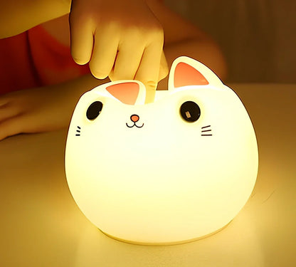 Cute cat-shaped silicone LED lamp with warm white and colourful lighting, measuring 12.5cm