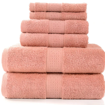 Cotton towel set showing bath towel, hand towel, and face cloth in coordinated sizes