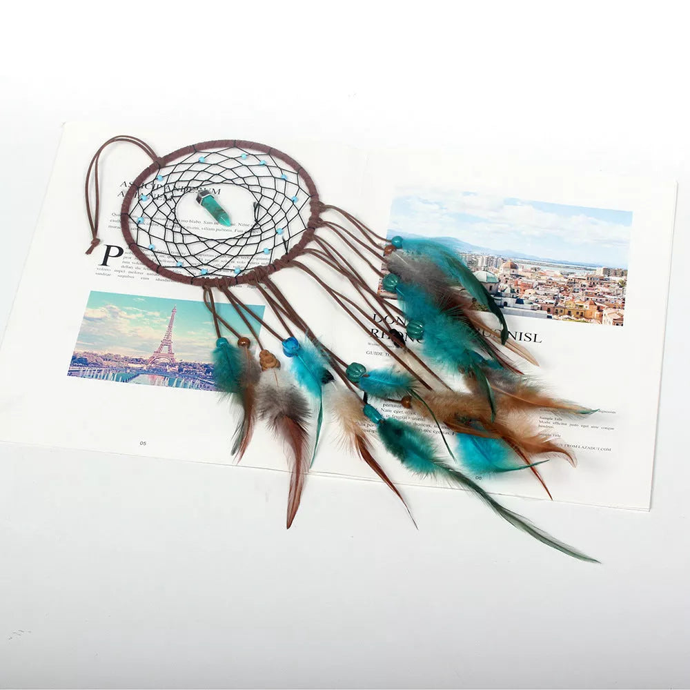 Handmade turquoise dream catcher with feathers and iron ring