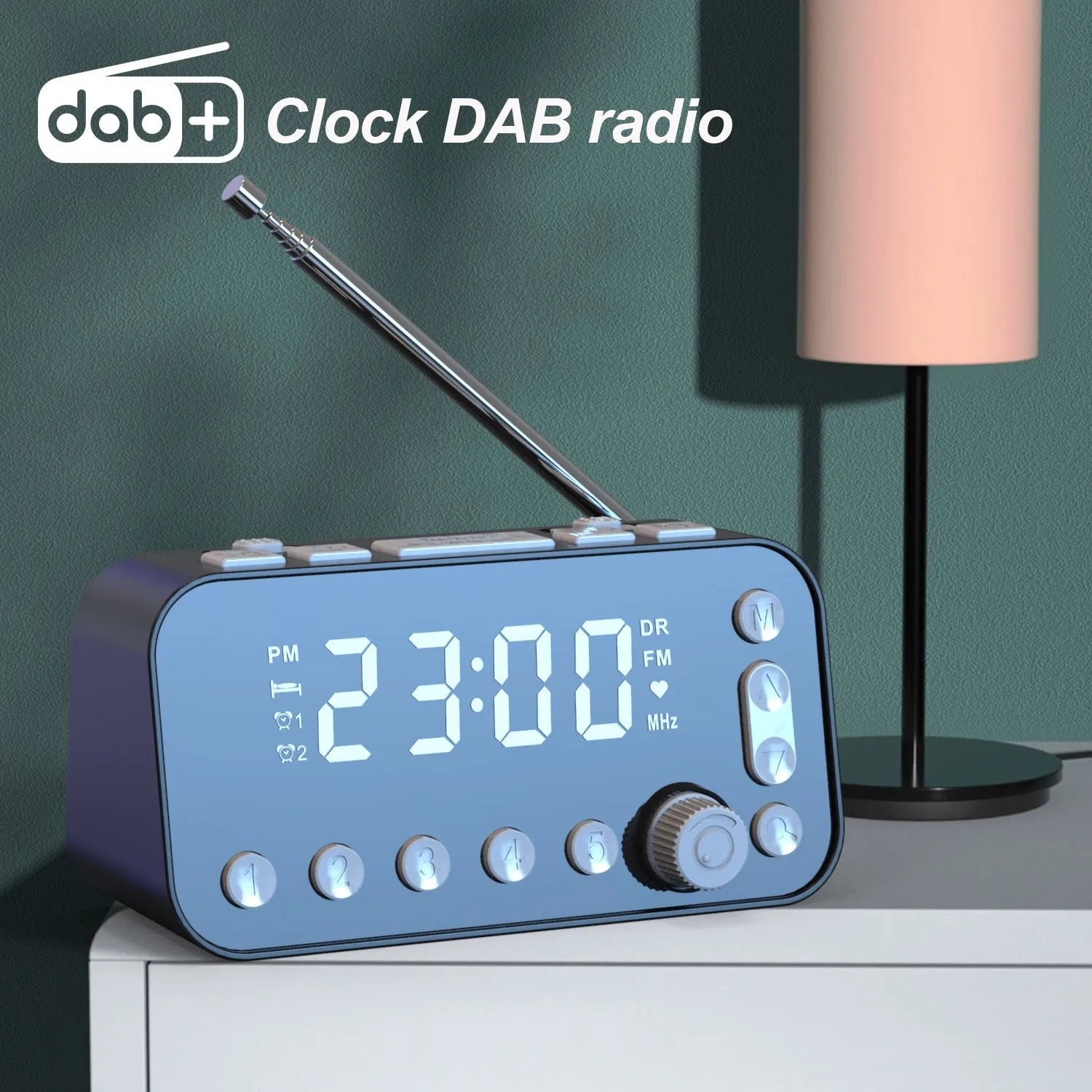 Black DAB FM digital radio alarm clock with LED display, control buttons, and two USB ports on the side.