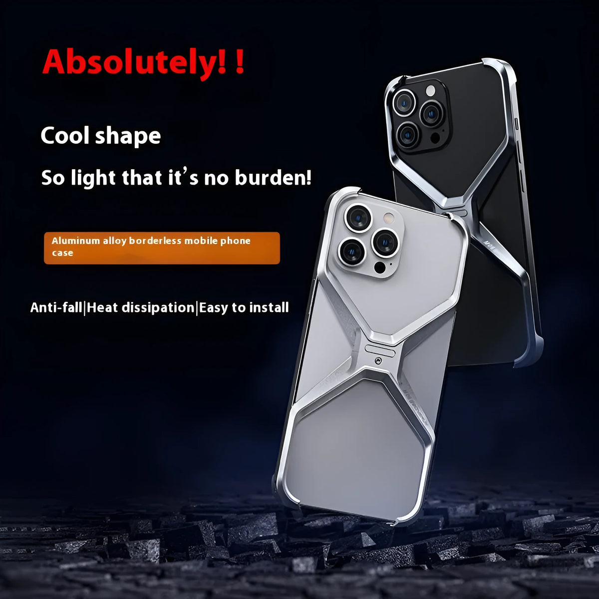 X-shaped aluminium alloy frameless half-pack phone case for iPhone 13 14 15 Pro Max in Bright Moon Silver, Dark Gray or Titanium Gold