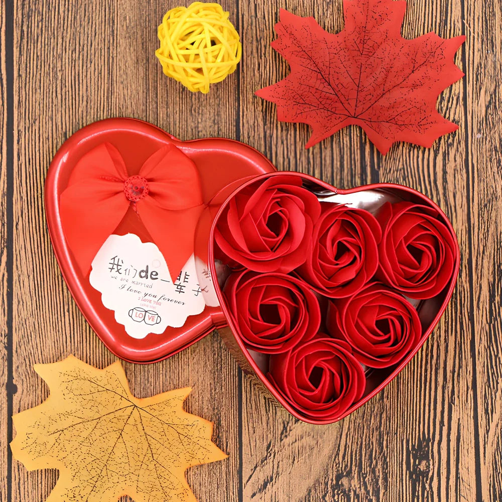 Handmade soap flower gift box in red heart-shaped tin with three blooms and bear, 12x12x5 cm for Valentine's Day