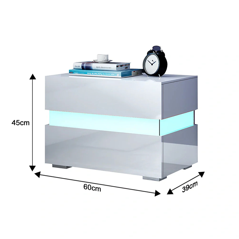 White minimalist two-drawer bedside chest with integrated RGB LED lighting
