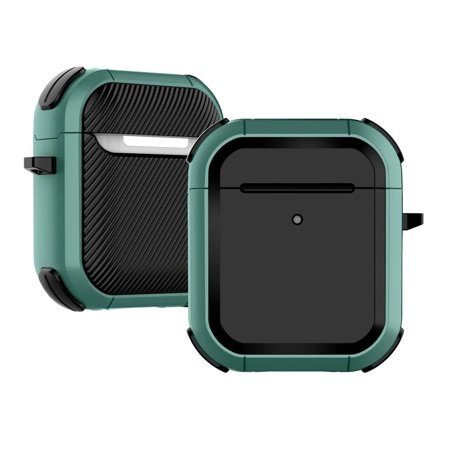 AirPods protective sleeve case in clamshell design with multiple colour options showing charging port cutouts