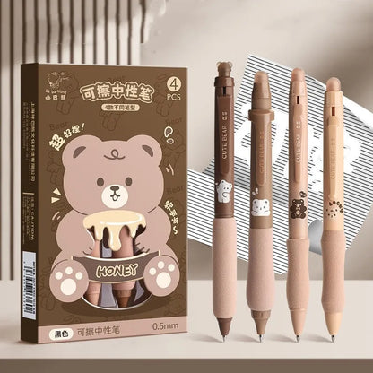 Cartoon-themed erasable gel pen with 0.5mm tip and press-action button.