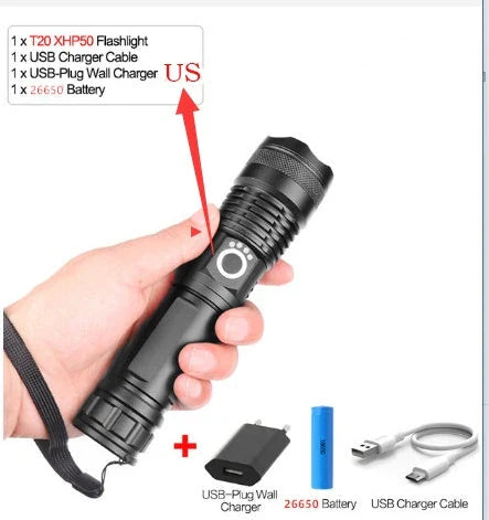 High-Powered Tactical Flashlight with Zoom and USB Charging - Durable, Waterproof, and Rechargeable LED Flashlight