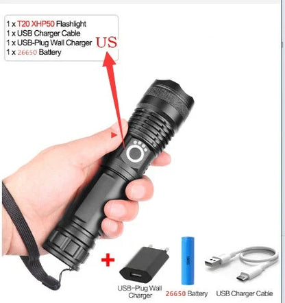 High-Powered Tactical Flashlight with Zoom and USB Charging - Durable, Waterproof, and Rechargeable LED Flashlight