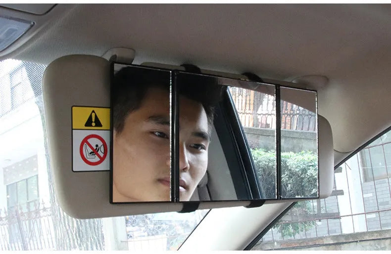 Silver car folding makeup mirror showing folded and opened positions with 30.5cm width