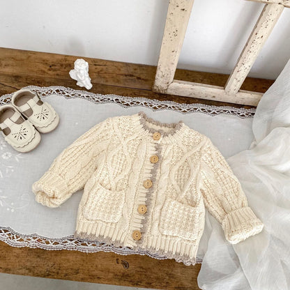 Girls' apricot white cotton knitted coat with round neck, shown in various height sizes from 66cm to 100cm
