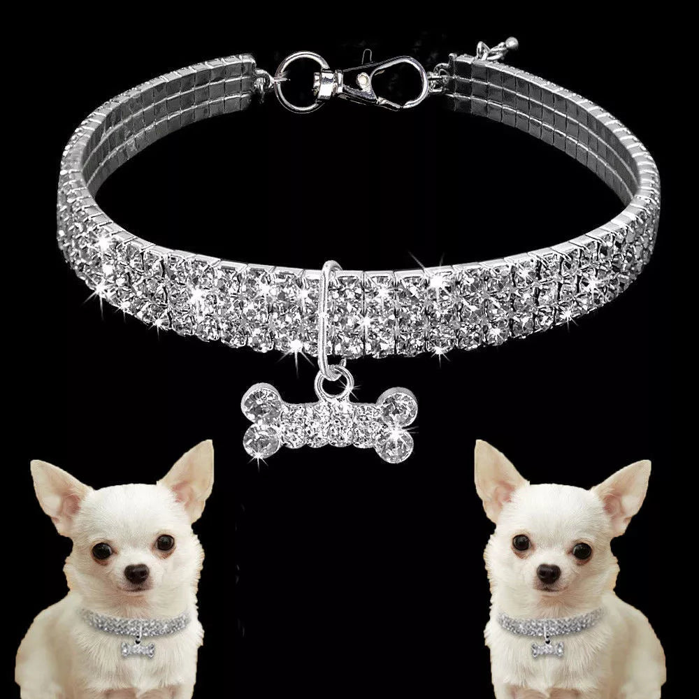 Adjustable bling rhinestone dog collar for small to medium pets in blue, white, and pink