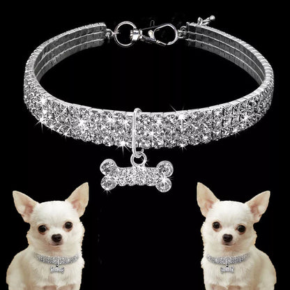 Adjustable bling rhinestone dog collar for small to medium pets in blue, white, and pink
