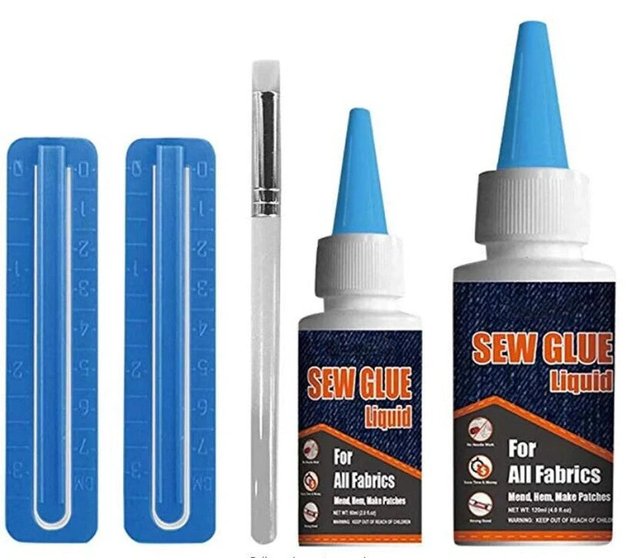 Clothing repair glue kit with two bottles of glue, fixing clips, and applicator pen for easy fabric repairs