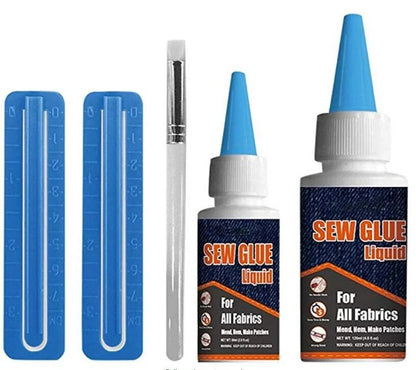 Clothing repair glue kit with two bottles of glue, fixing clips, and applicator pen for easy fabric repairs