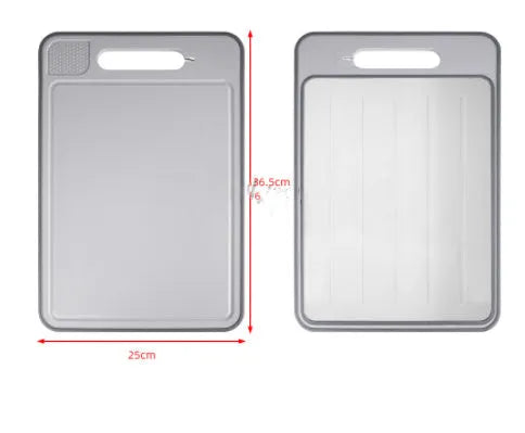 Grey square aluminium cutting board with double-sided design showing grinding teeth and knife sharpener