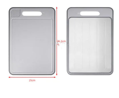 Grey square aluminium cutting board with double-sided design showing grinding teeth and knife sharpener