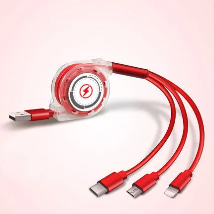 Black telescopic 3-in-1 charging cable extended to full 120cm length, showing three connector tips.