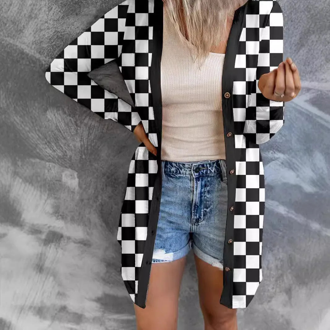 Women's long grey plaid knitted cardigan coat with loose fit and regular sleeves on a hanger