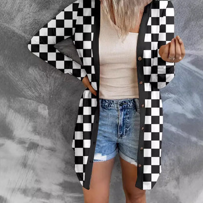 Women's long grey plaid knitted cardigan coat with loose fit and regular sleeves on a hanger