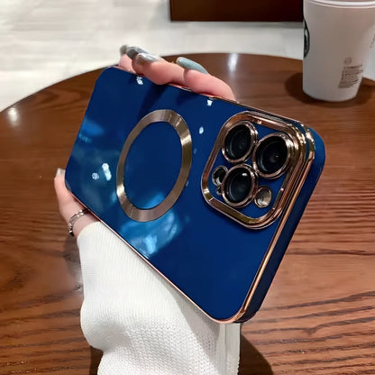 Electroplated metal brushed magnetic iPhone case showing magnetic ring and precise port cutouts