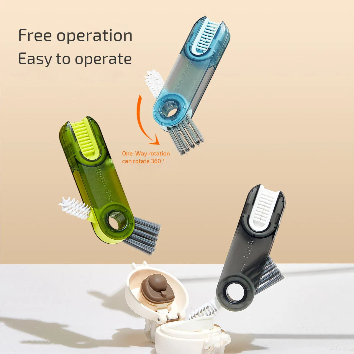 Transparent green 3-in-1 cup lid cleaning brush with spiral design for hard-to-reach crevices