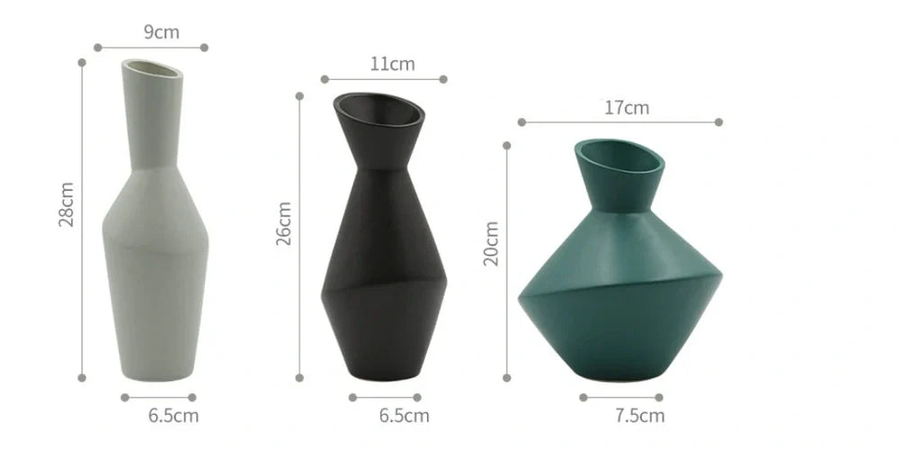 Nordic oblique mouth ceramic vase in black, 20cm height, geometric design for flower stems