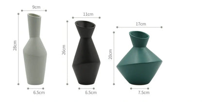 Nordic oblique mouth ceramic vase in black, 20cm height, geometric design for flower stems
