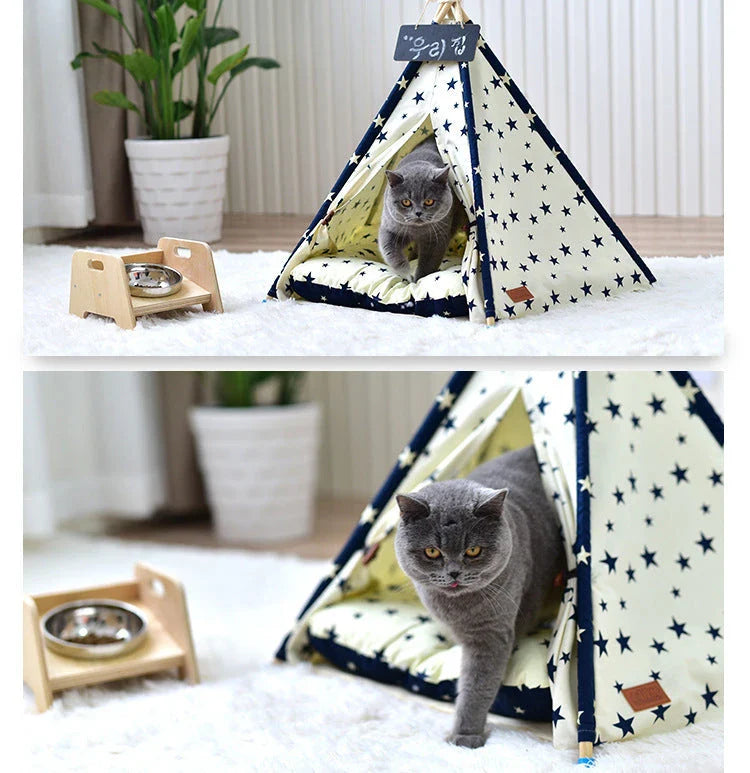 Portable pet tent with Native American-inspired design, versatile for indoor and outdoor use as a cozy dog bed, cat house, and toy house