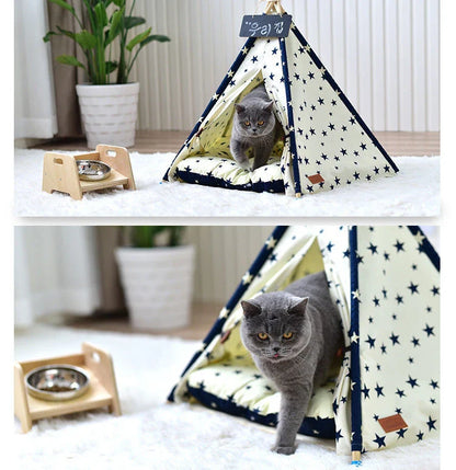 Portable pet tent with Native American-inspired design, versatile for indoor and outdoor use as a cozy dog bed, cat house, and toy house