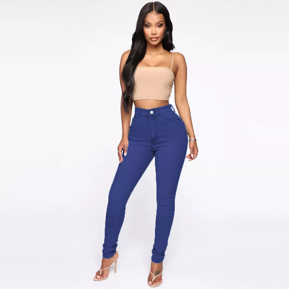 Women's high waist slimming jeans in black, gray, light blue, and dark blue with functional pockets