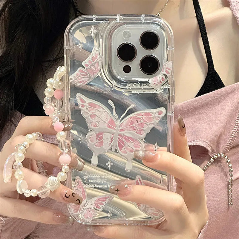 Phantom Painted Butterfly iPhone case in transparent TPU with mirror plate and bow detail