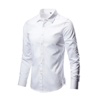 Long-sleeve linen shirt in various colours including black, brown, and navy blue, with loose fit and sizes up to 5XL