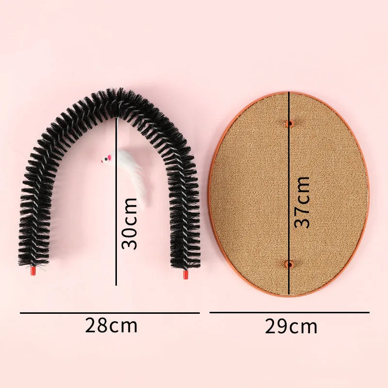 Black arch-shaped cat grooming brush with scratching fibre and an attached mouse toy on a non-slip base