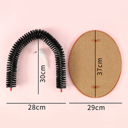 Black arch-shaped cat grooming brush with scratching fibre and an attached mouse toy on a non-slip base