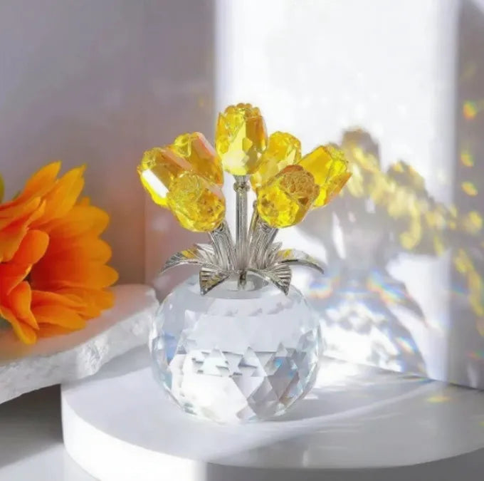 K9 crystal glass rose ornament in a geometric shape with a Chinese style, shown in one of seven available colours.