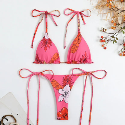 Women's split swimwear bikini set with backless design and floral pattern in available colours