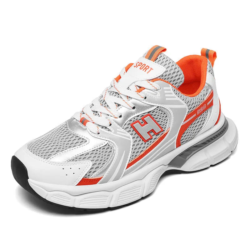 Men's white and grey mesh running shoes with round toe and plastic sole.